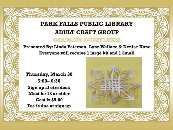 Adult Craft Group: Carolina Snowflakes March 30
